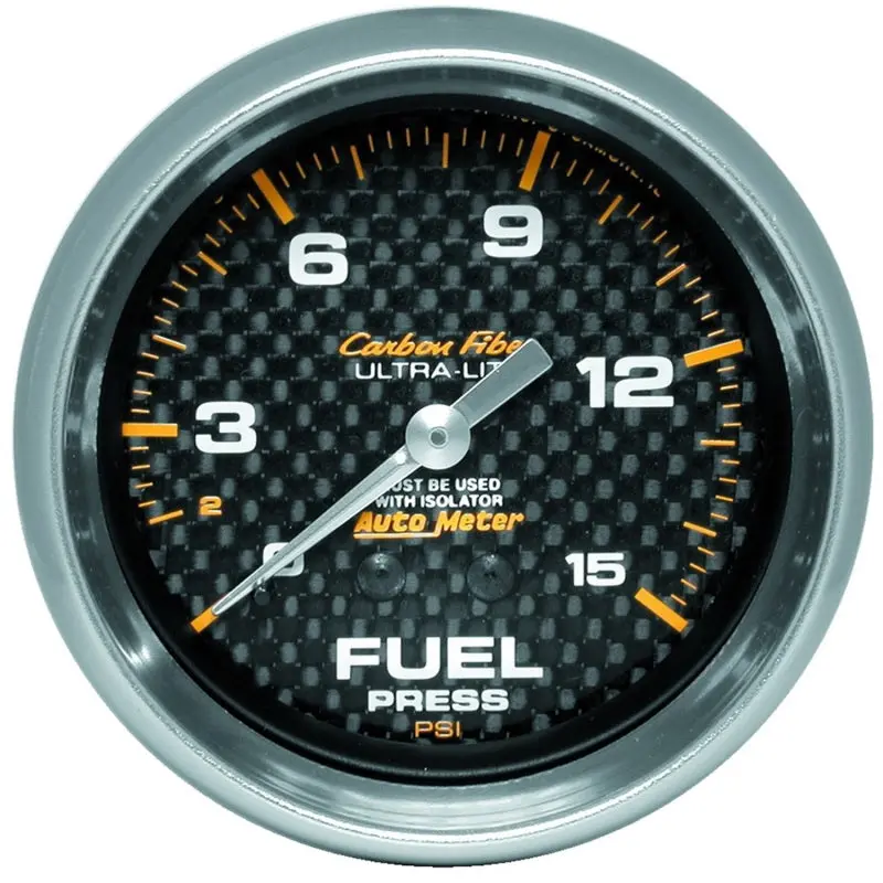 Autometer Mechanical Fuel Pressure Gauge – 2-5/8 Inch Dial, 0–15 Psi Range With Isolator & Carbon Fiber Face 1
