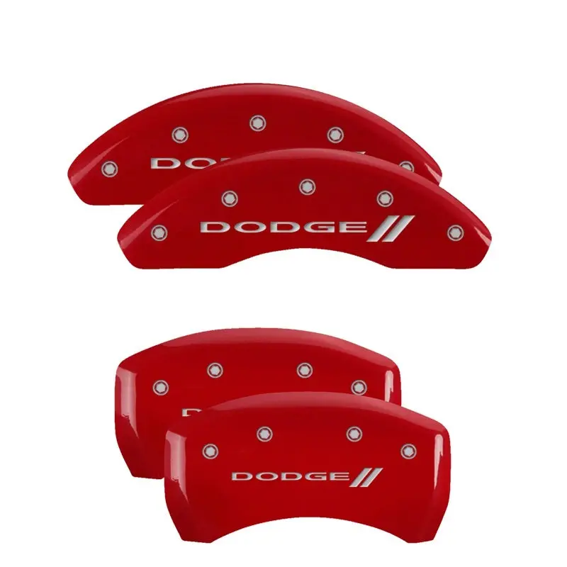 Mgp 4 Caliper Covers Engraved Front & Rear With Stripes/Dodge Red Finish Silver Ch 1