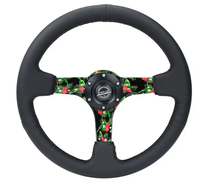 Nrg Reinforced 350Mm Steering Wheel – Matte Black Spokes, Black Leather Rim, Yellow Center Hub 1